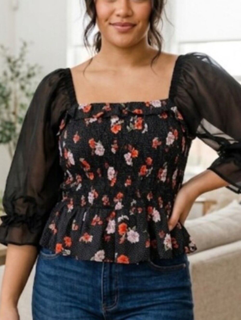 Angie Black Floral Square-Neck Peplum Blouse with Sheer Puff Sleeves